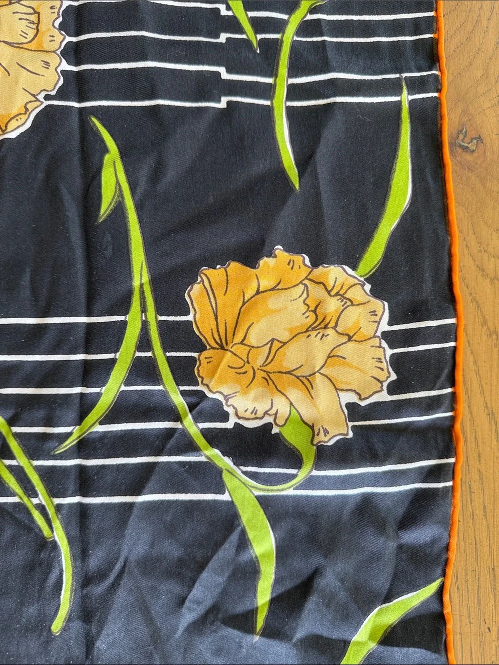 Vintage Triangle Brand 100% Silk Scarf Black Striped Floral Orange Trim